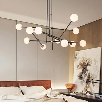 Moderna lámpara de araña Sputnik de luz cálida de 12 luces en negro y dorado